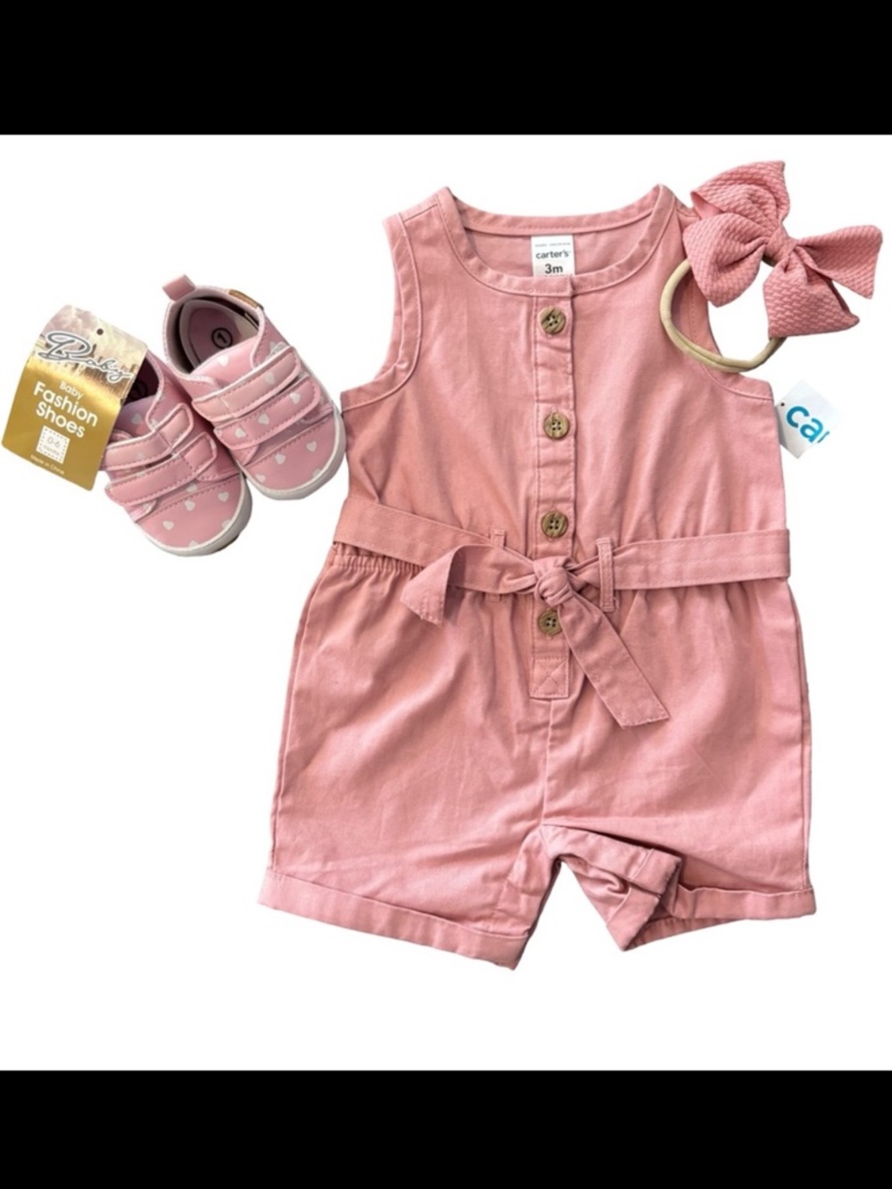 NEW Carter's Pink Baby Outfit Romper w/ Shoes & Headband Set Bundle Lot Sz 3 mo
